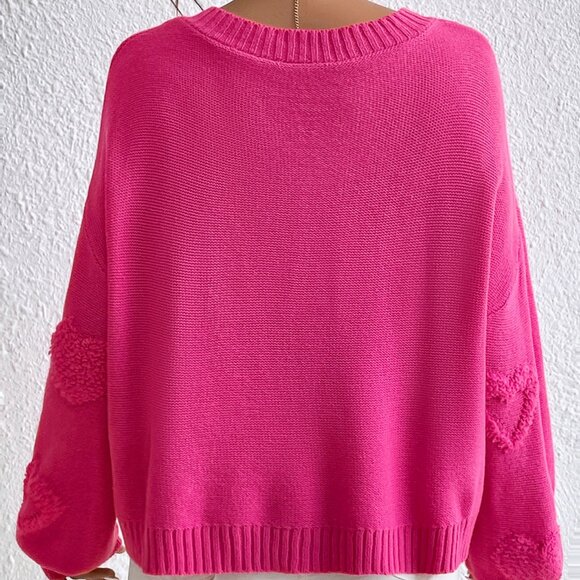 Hot Pink Casual Women's Pearls Heart Detail V-Neck Drop Shoulder Sweater - Picture 5 of 6
